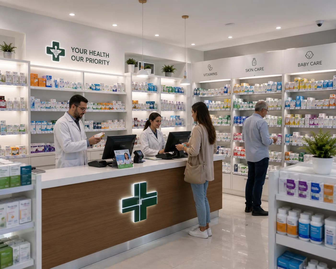 Modern pharmacy with organized pharmaceutical products and customer service