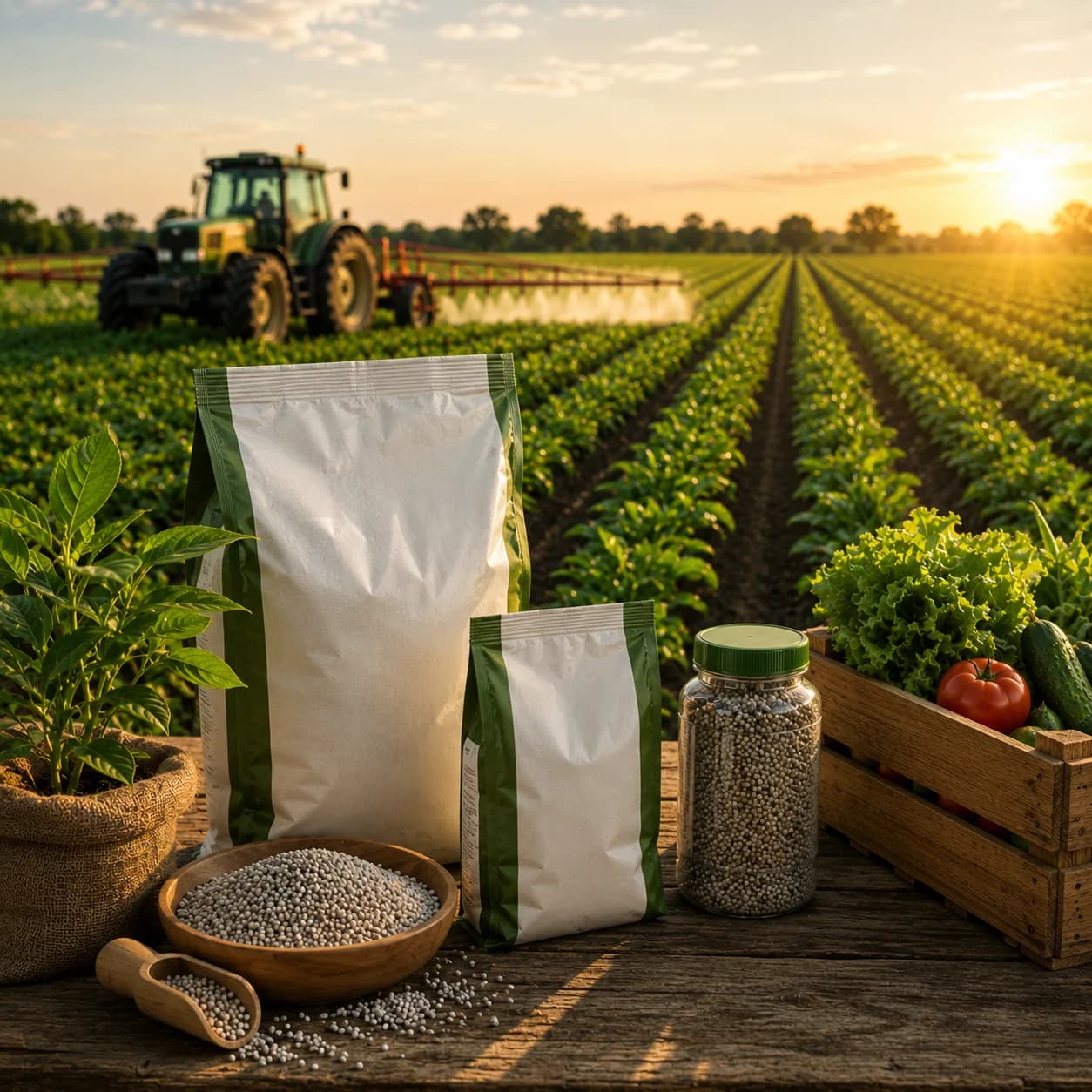 Agriculture and fertilizer packaging displayed beside cultivated fields